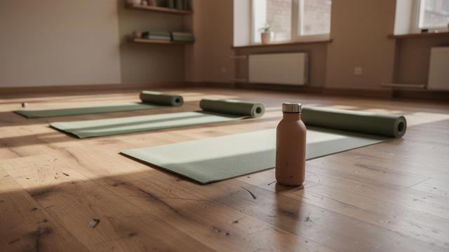 Rolled sage mats and a clay water bottle in warm studio light at the Kyiv Podil studio