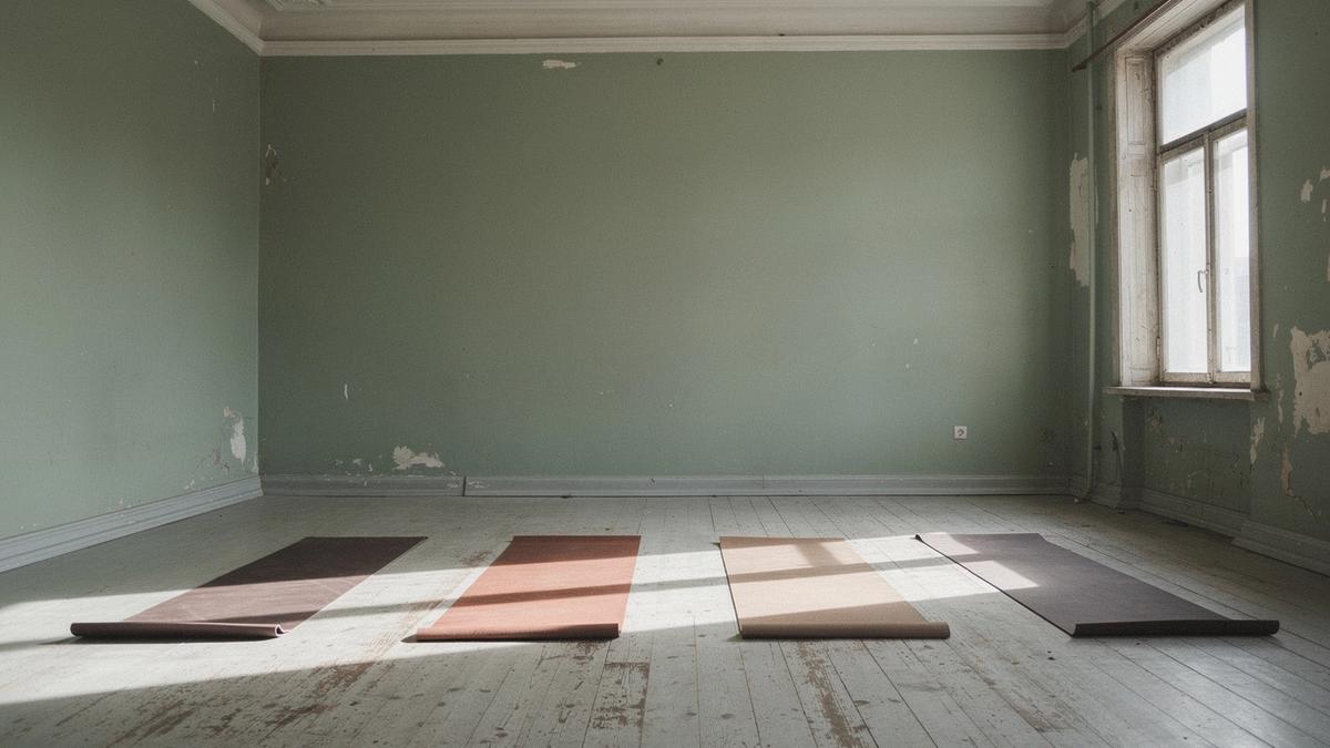 Empty yoga studio in Podil with eight mats, pale wood floor and soft daylight